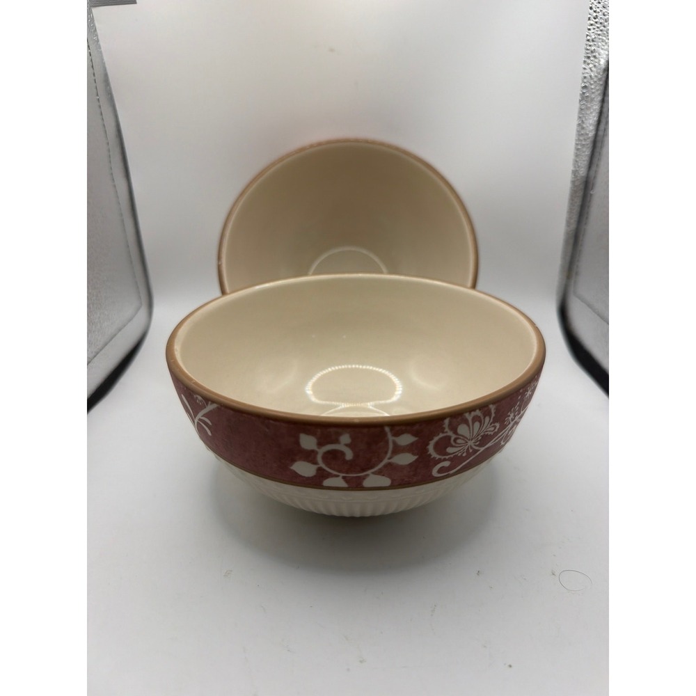 2 Pier 1 Imports Maribeth Soup Cereal Bowls Red Floral Ribbed